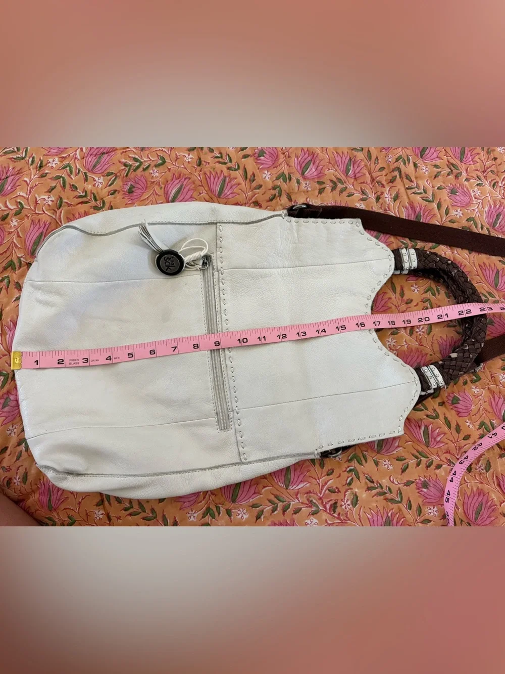 THE SAK Pebbled White & Brown Leather Slouch Bag Bucket Bag Purse